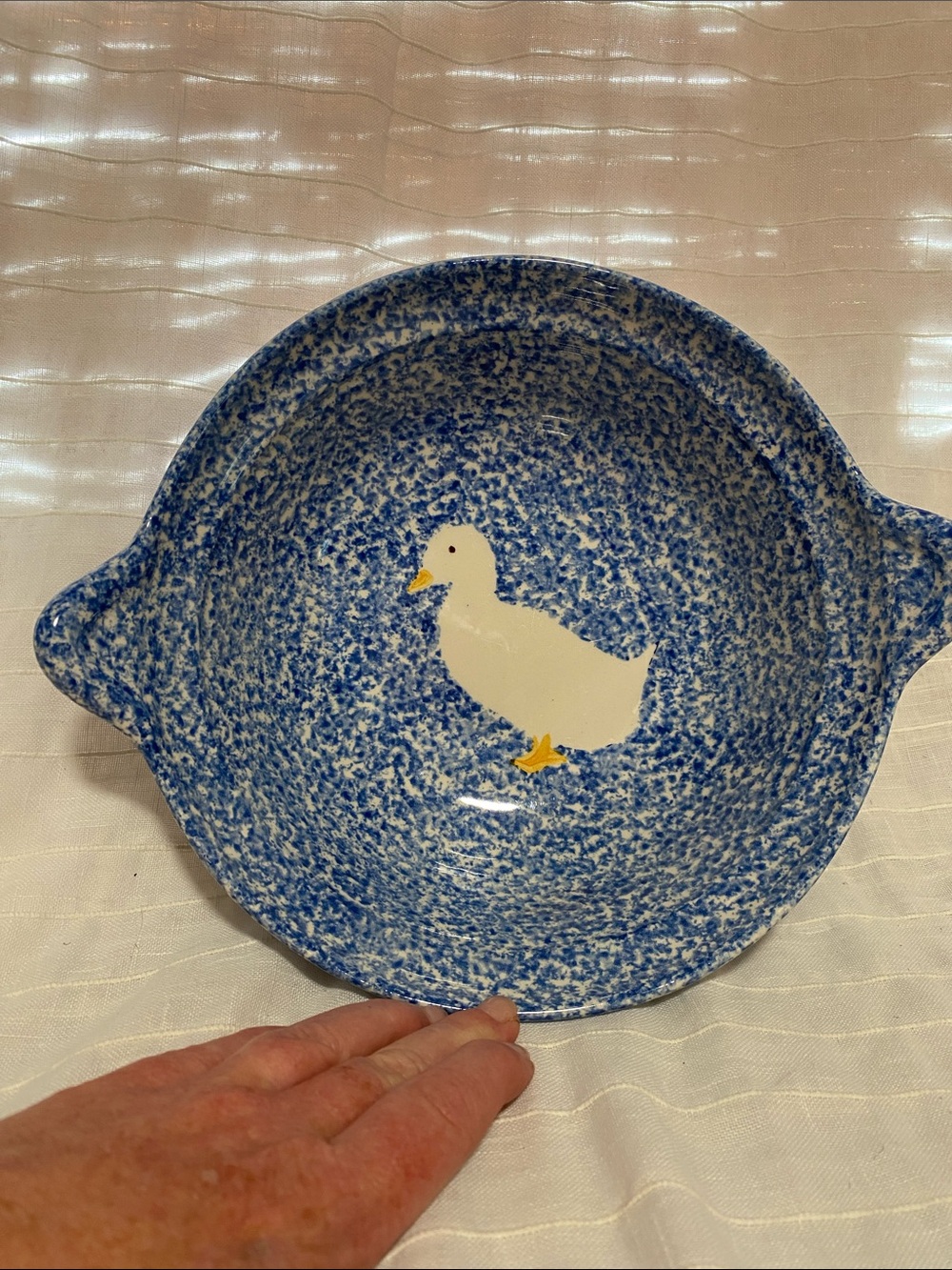 1 Blue Speckled pottery Serving Bowl with Duck Motif